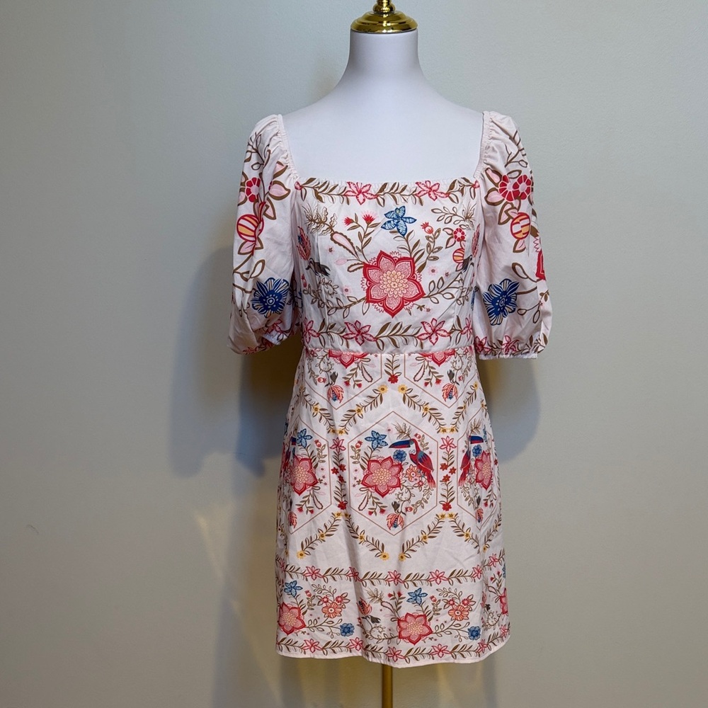 SHEIN Floral Puff Sleeve Mini Dress Bird Print Square Neck Cottagecore L